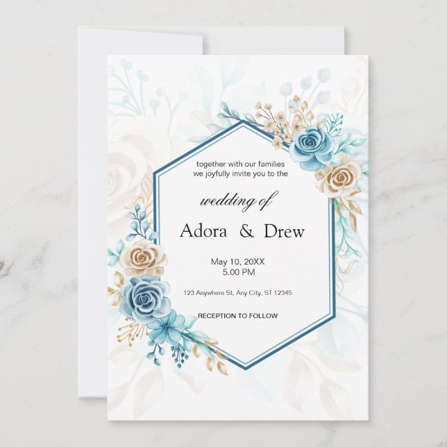 Invitación Boda floral elegante azul beige (Anverso)