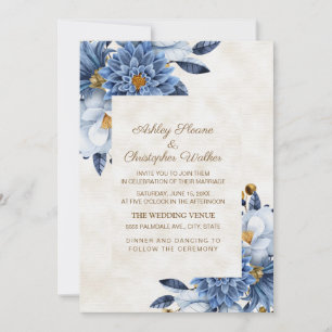 Invitación Boda floral elegante azul blanco y dorado