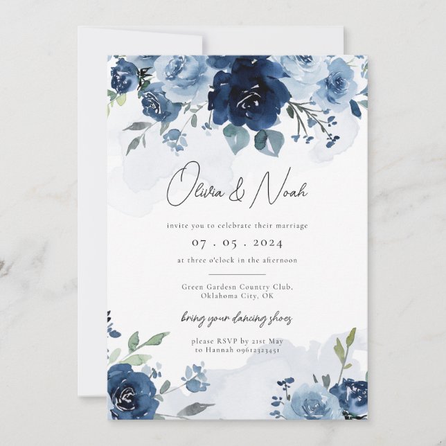 Invitación Boda Floral Elegante Azul Dusty Navy (Anverso)