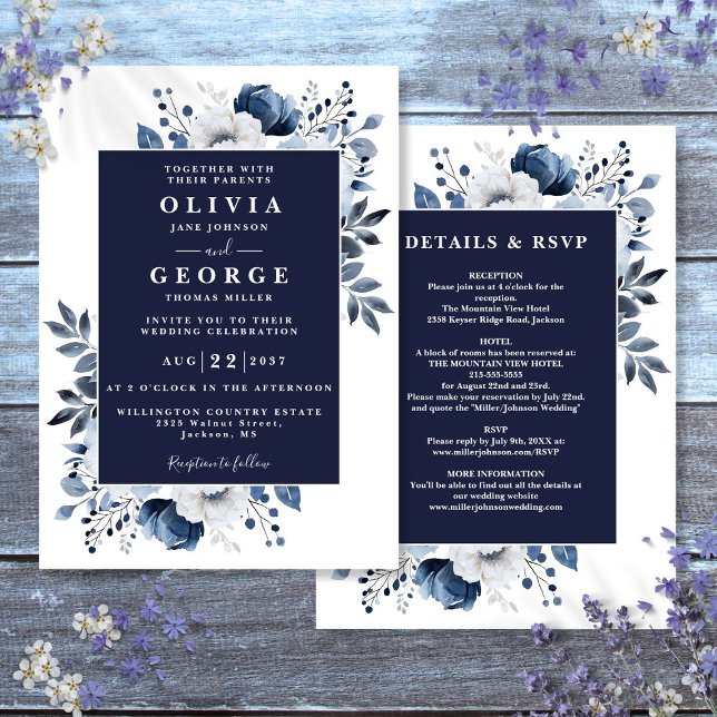 Invitación Boda floral elegante azul marino todo en uno (Navy Blue Elegant Floral All In One Wedding Invitation)