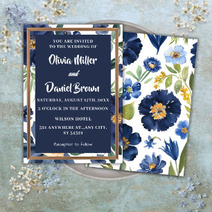 Invitación Boda floral elegante azul marino y blanco