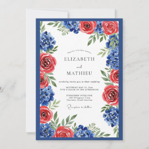 Invitación Boda floral elegante azul real carmesí