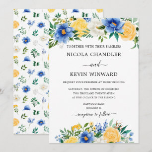 Invitación Boda floral elegante azul y amarillo