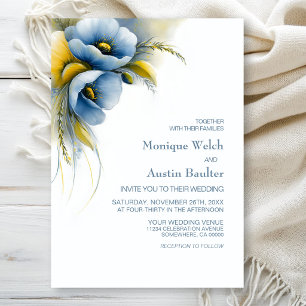 Invitación Boda floral elegante azul y amarillo