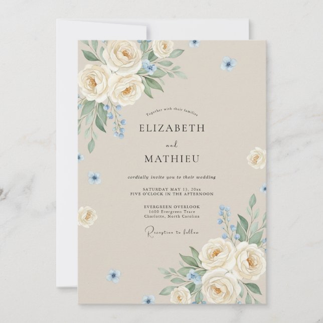 Invitación Boda floral elegante beige (Anverso)