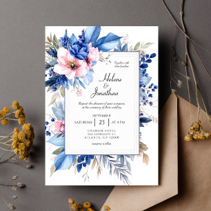 Invitación Boda floral elegante boho chic rosa azul cobalto