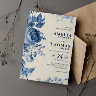 Invitación Boda floral elegante clásica crema y azul francés
