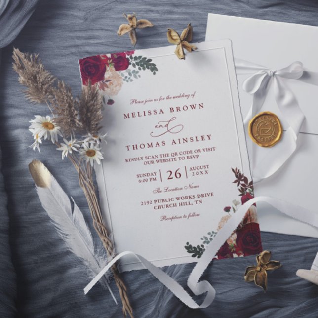 Invitación Boda floral elegante código QR rosa burdeos (Subido por el creador)