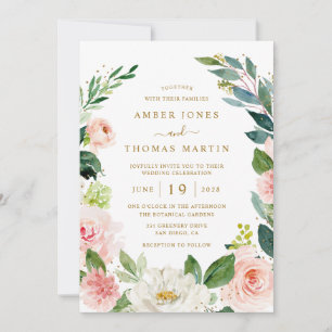 Invitación Boda floral elegante con acuarela en rosa y dorado