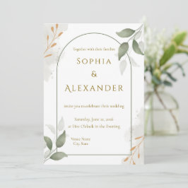 Invitación Boda floral elegante con marco de oro y vegetación