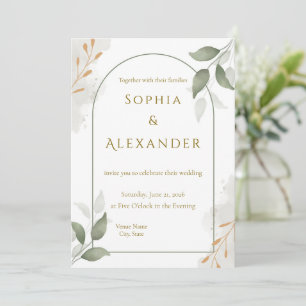 Invitación Boda floral elegante con marco de oro y vegetación