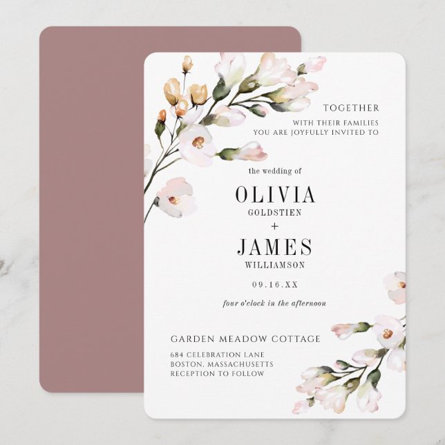 Invitación Boda floral elegante con toque rosa (Anverso / Reverso)