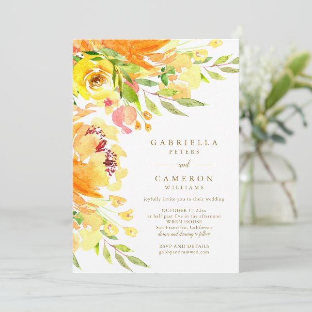 Invitación Boda floral elegante de acuarela de otoño amarillo (Anverso de pie)