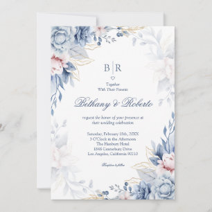 Invitación Boda floral elegante de acuarela en azul y dorado