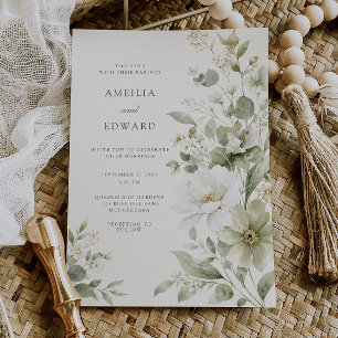 Invitación Boda floral elegante de acuarela en verde salvia y