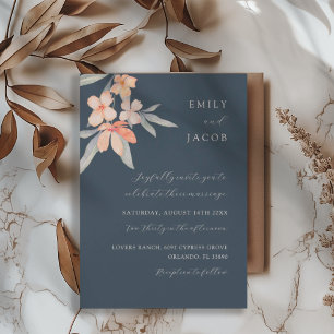 Invitación Boda floral elegante de azul oscuro y naranja páli