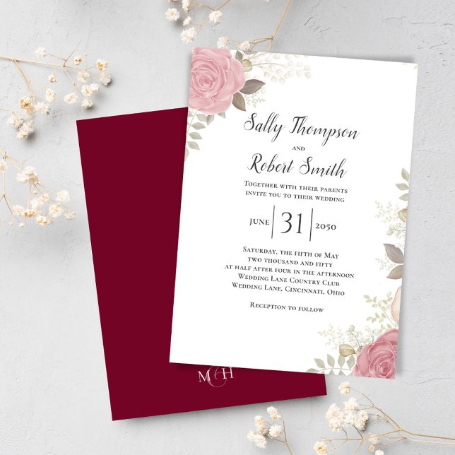 Invitación Boda floral elegante de Borgoña personalizada (Elegant watercolor burgundy floral wedding invitation template.)