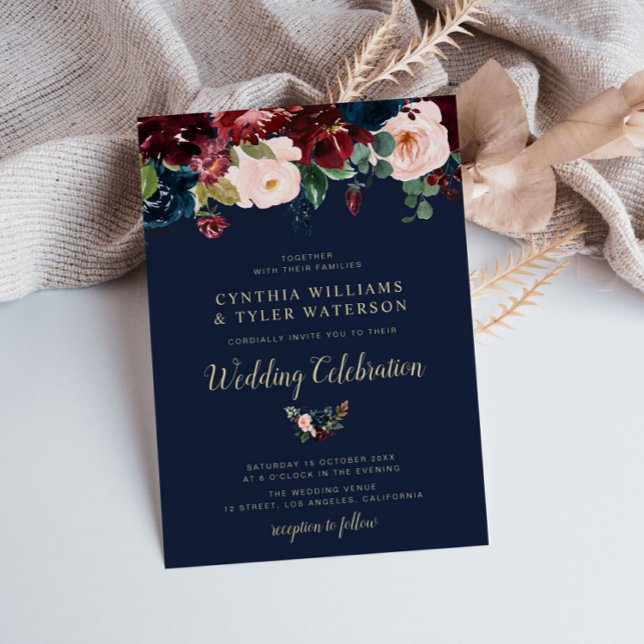 Invitación Boda floral elegante de Borgoña y Marina (Subido por el creador)