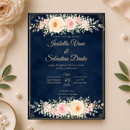 Invitación Boda floral elegante de color azul marino