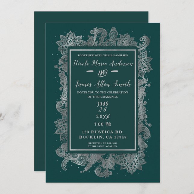 Invitación Boda floral elegante de color azul verde y platead (Anverso / Reverso)