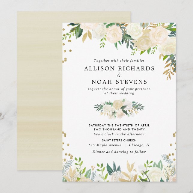 Invitación Boda floral elegante de color dorado de rosas blan (Anverso / Reverso)
