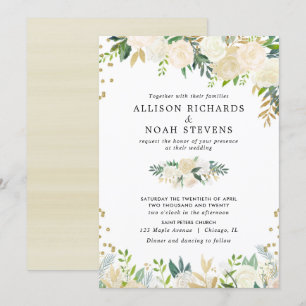 Invitación Boda floral elegante de color dorado de rosas blan