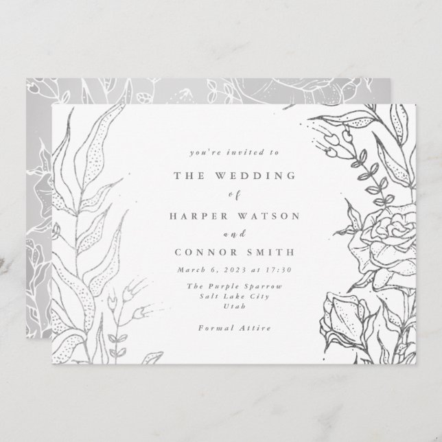 Invitación Boda floral elegante de color gris Rosa (Anverso / Reverso)