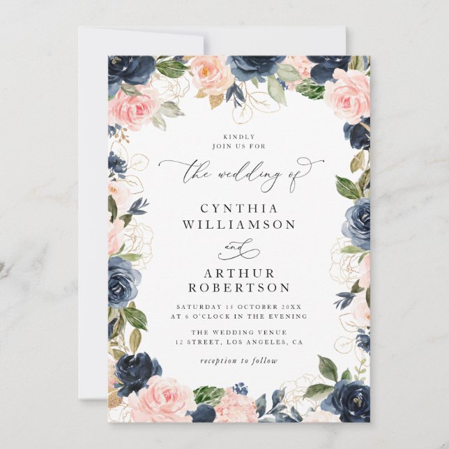 Invitación boda floral elegante de escritura marina y rubia (Anverso)