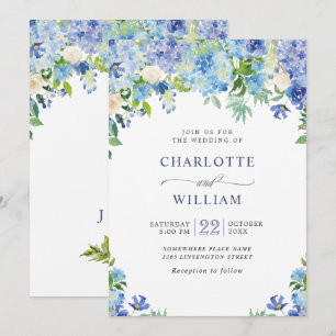 Invitación Boda floral elegante de hortensias azules en acuar