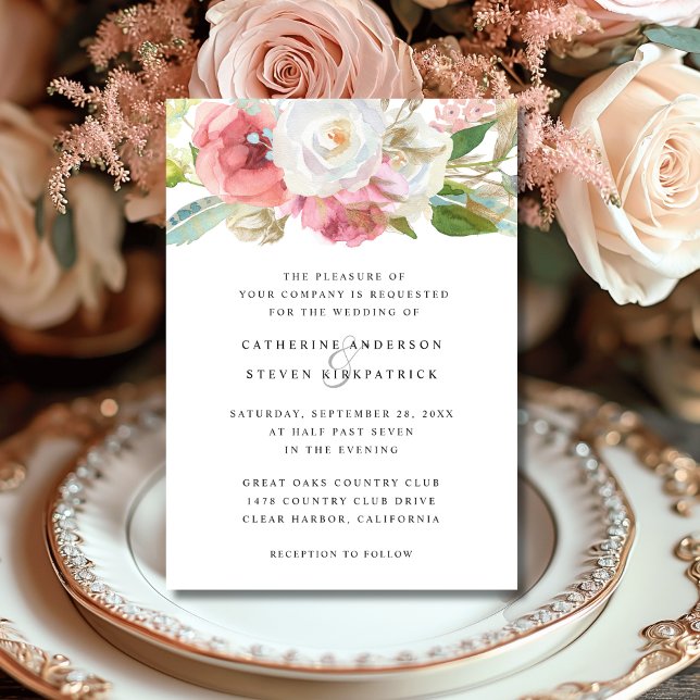 Invitación Boda floral elegante de jardín rosa blanco turques (Subido por el creador)