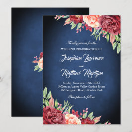 Invitación Boda floral elegante de la Marina Azul Borgoña Rub