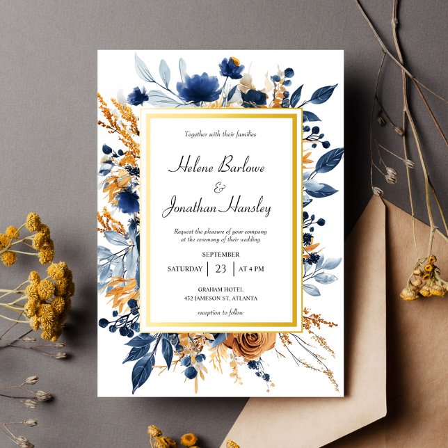 Invitación Boda Floral Elegante de la Marina Azul Terracota (Floral Elegant Navy Blue Terracotta Wedding Invitation)