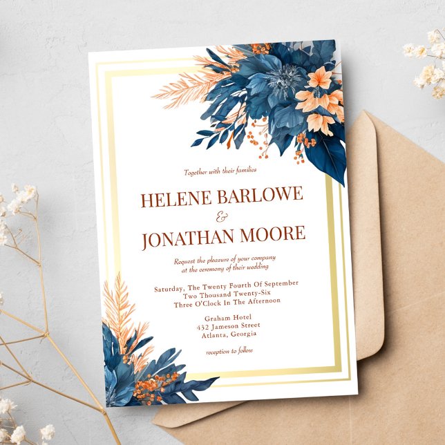 Invitación Boda Floral Elegante de la Marina Blue Terracotta  (Navy Blue Terracotta Gold Floral Elegant Wedding Invitation)