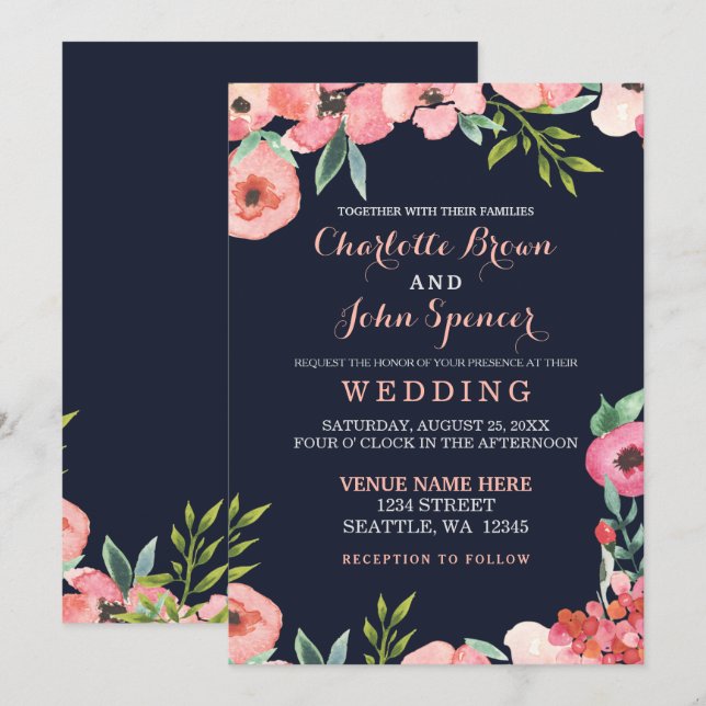 Invitación Boda Floral Elegante de la Marina de Agua Rubor (Anverso / Reverso)