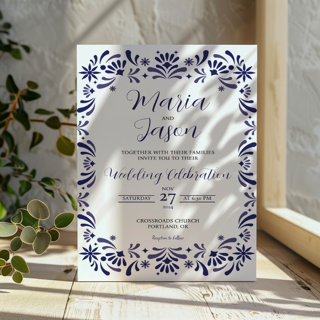 Invitación Boda Floral Elegante de la Marina de Guerra Mexica (Mexican Navy Blue Lavender Floral Elegant Wedding Invitation)