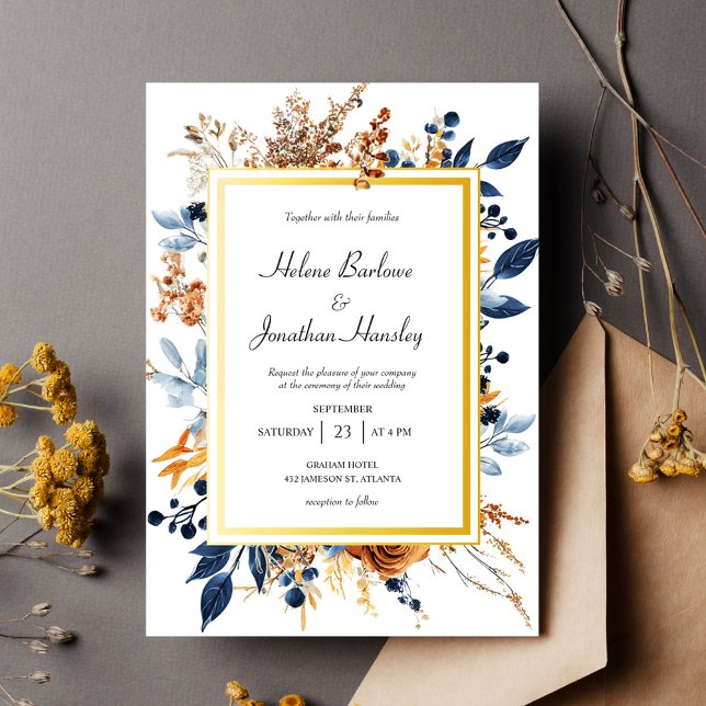 Invitación Boda Floral Elegante de la Marina Rústica Azul Ter (Floral Elegant Rustic Navy Blue Terracotta Wedding Invitation)