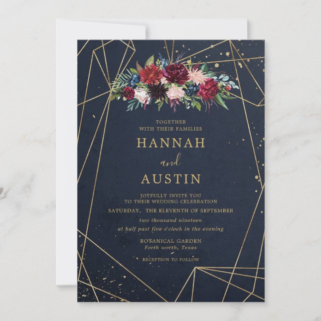 Invitación Boda floral elegante de la marina y el oro (Anverso)