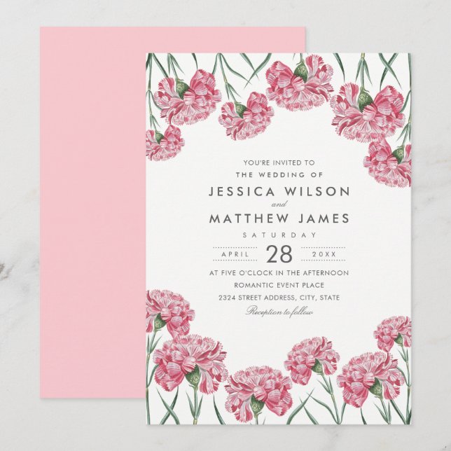 Invitación Boda floral elegante de las flores rosadas (Anverso / Reverso)