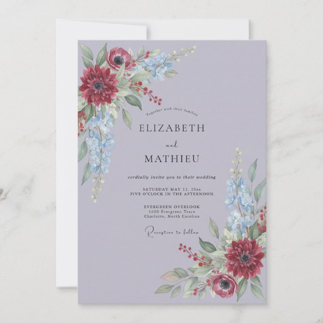 Invitación Boda floral elegante de lavanda carmesí (Anverso)