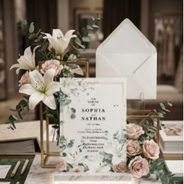 Invitación Boda floral elegante de Lirio blanco y Eucalipto
