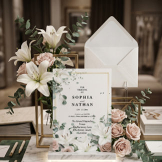 Invitación Boda floral elegante de Lirio blanco y Eucalipto