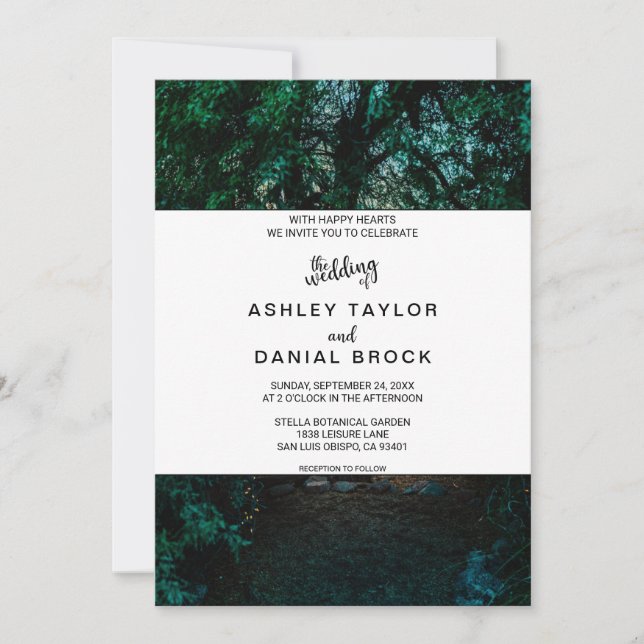Invitación Boda floral elegante de madera con cadena de luces (Anverso)