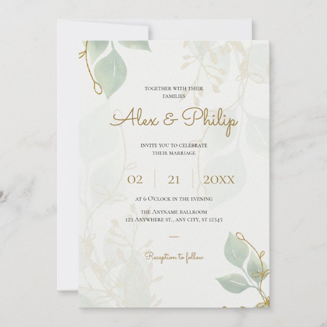 Invitación Boda floral elegante de marfil y verde y oro (Anverso)