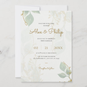 Invitación Boda floral elegante de marfil y verde y oro