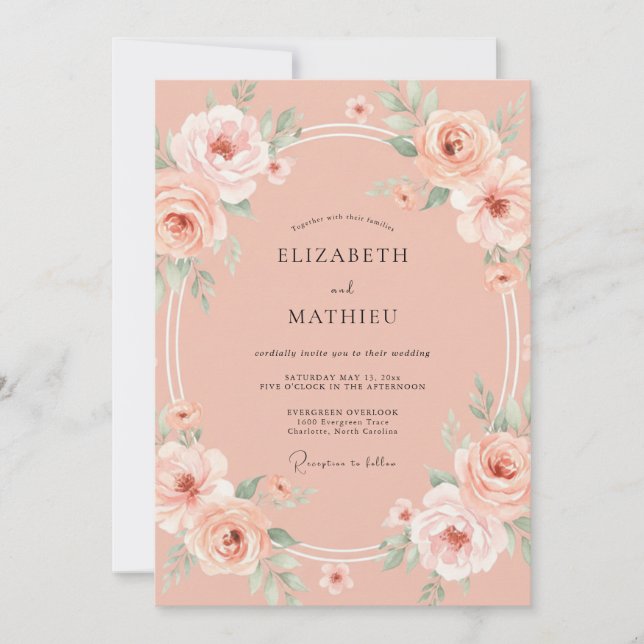 Invitación Boda floral elegante de melocotón (Anverso)