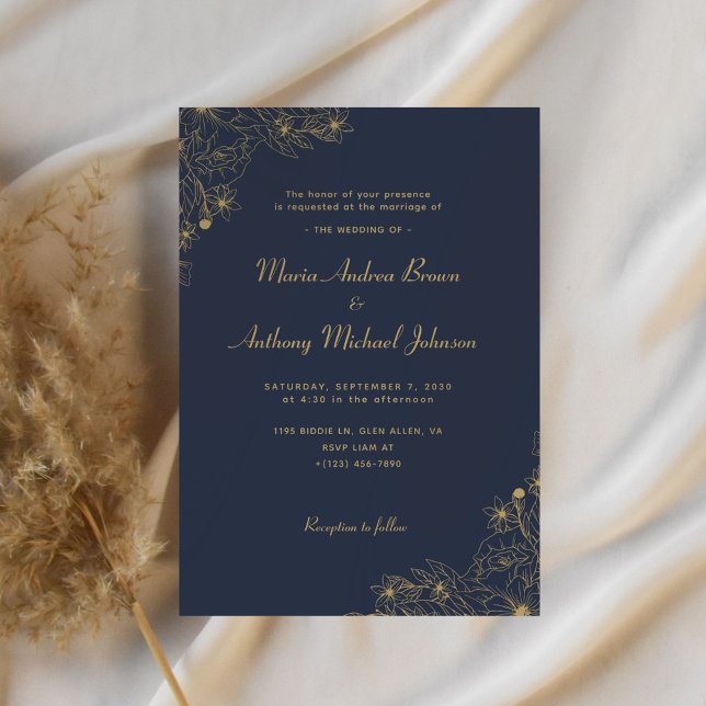 Invitación Boda floral elegante de Navy Blue y Gold (Subido por el creador)