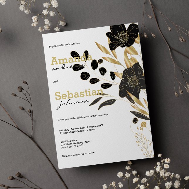Invitación Boda floral elegante de oro blanco negro (Black white gold floral elegant floral wedding )