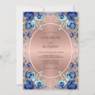 Invitación Boda floral elegante de oro rosa cobalto