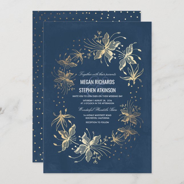Invitación Boda Floral Elegante de Oro y Marina (Anverso / Reverso)