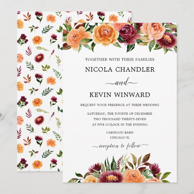 Invitación Boda floral elegante de otoño (Anverso / Reverso)
